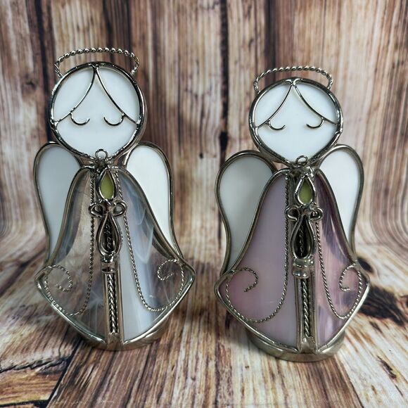 Vintage Stained Glass Angel Holding Candle Purple Blue Sun Catcher Free Standing - Picture 1 of 13